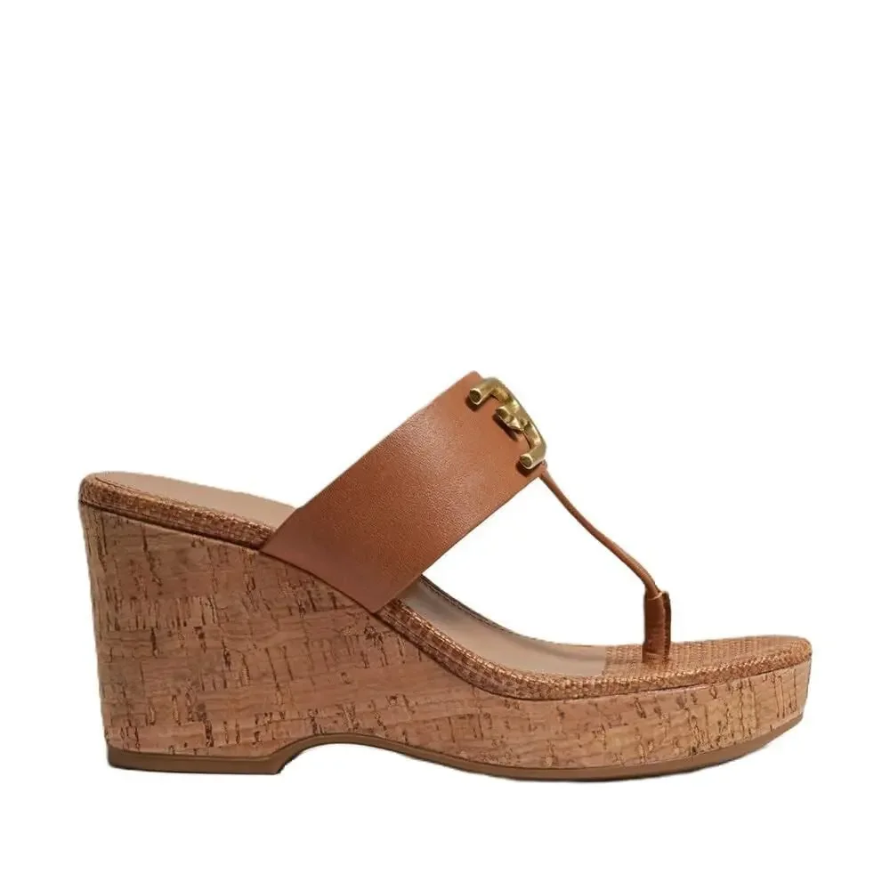 Sam Edelman Yardlie Cuoio Brown Wedge Heel Leather Strap Slip On Sandal 9.5 M